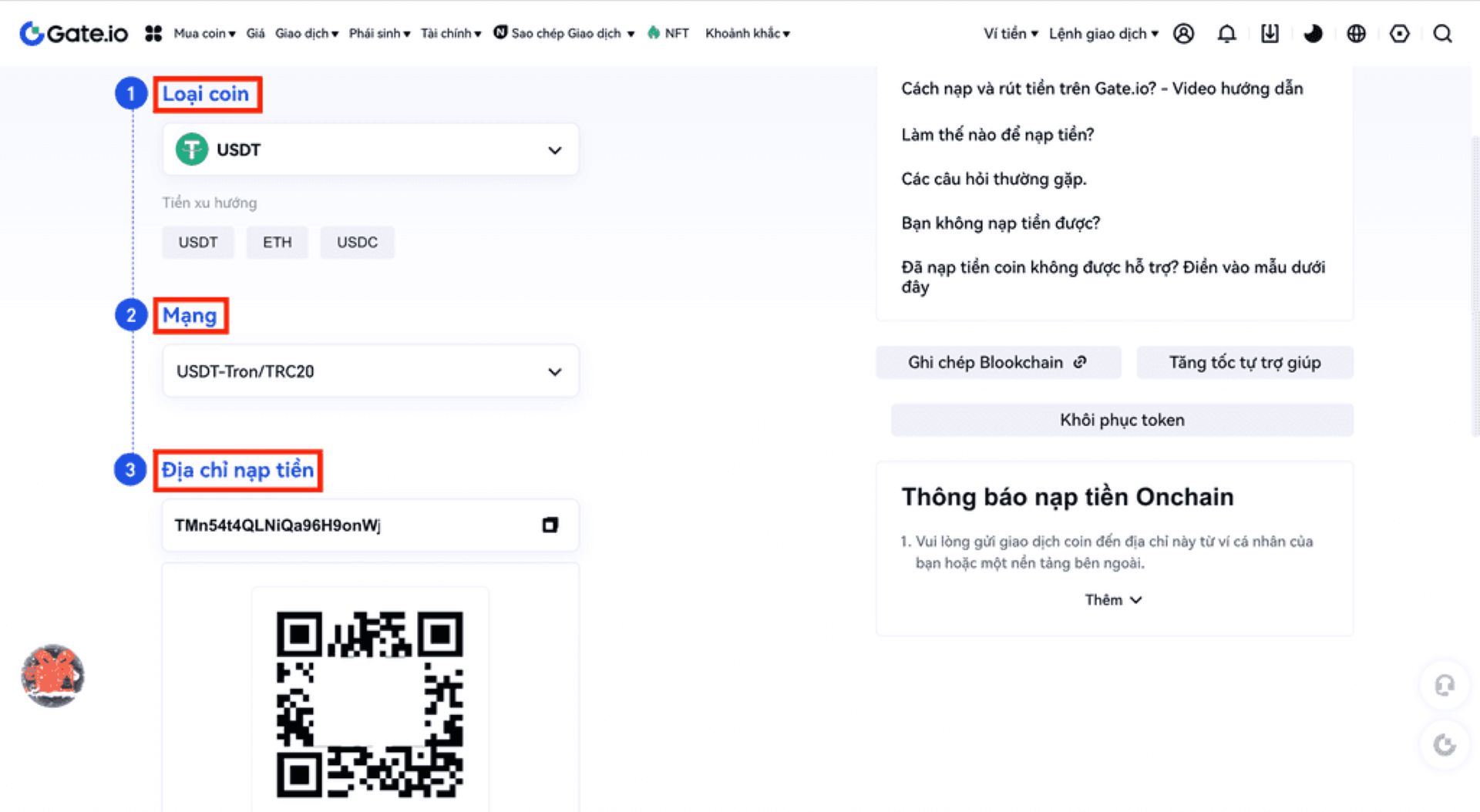 cách nạp tiền vào sàn gate.io trên web