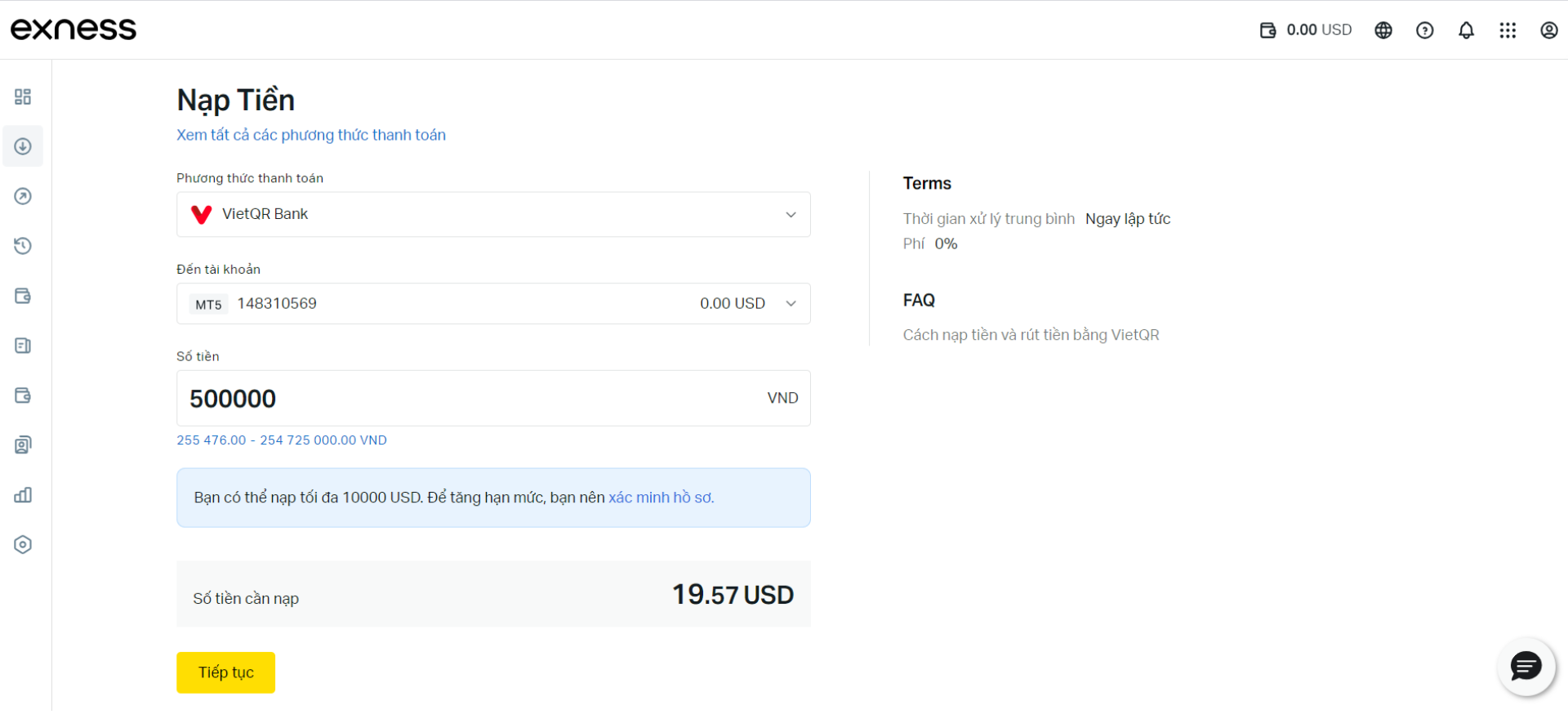 Cách nạp tiền vào Exness